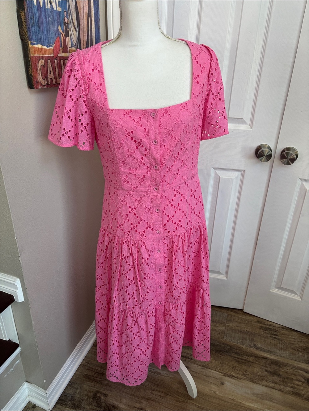 Pink eyelet midi dress